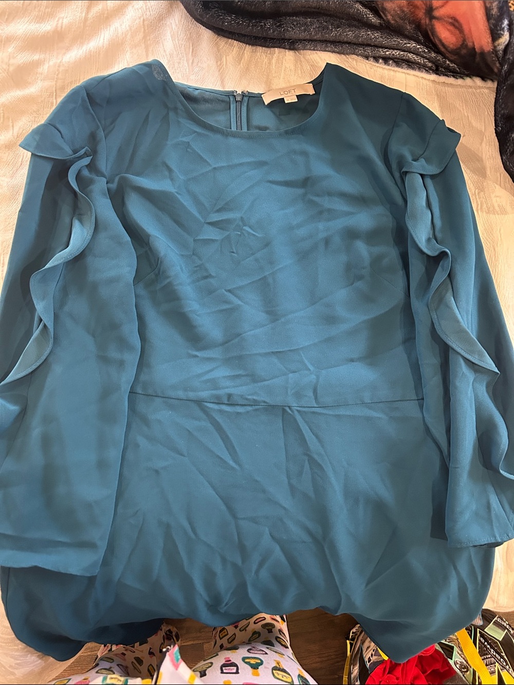 LOFT Teal Blue Ruffle-Sleeve Long-Sleeve Dress